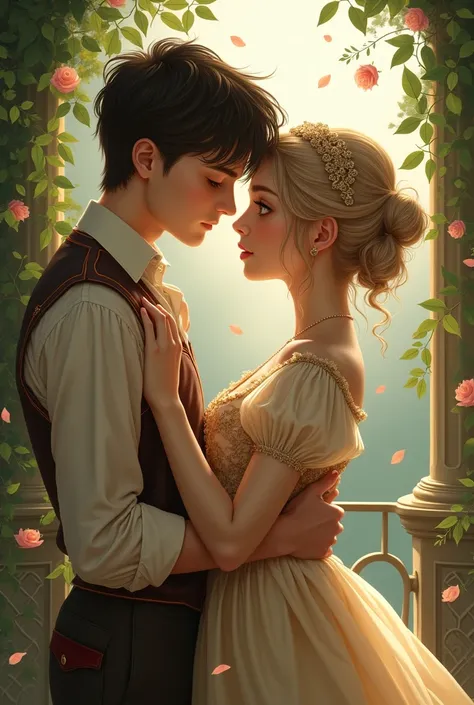 Short, medium-blonde girl with brown hair dressed as Juliet from Romeo and Juliet and a short-haired boy with V-shaped fades being Romeo