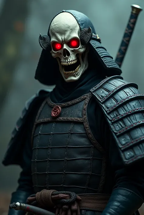 a highly detailed undead samurai with a split jaw and empty eye sockets, extremely detailed face and armor, glowing red eyes, katana sword, dark gothic atmosphere, dramatic lighting, cinematic composition, dark fantasy, muted color palette, moody, ominous,...