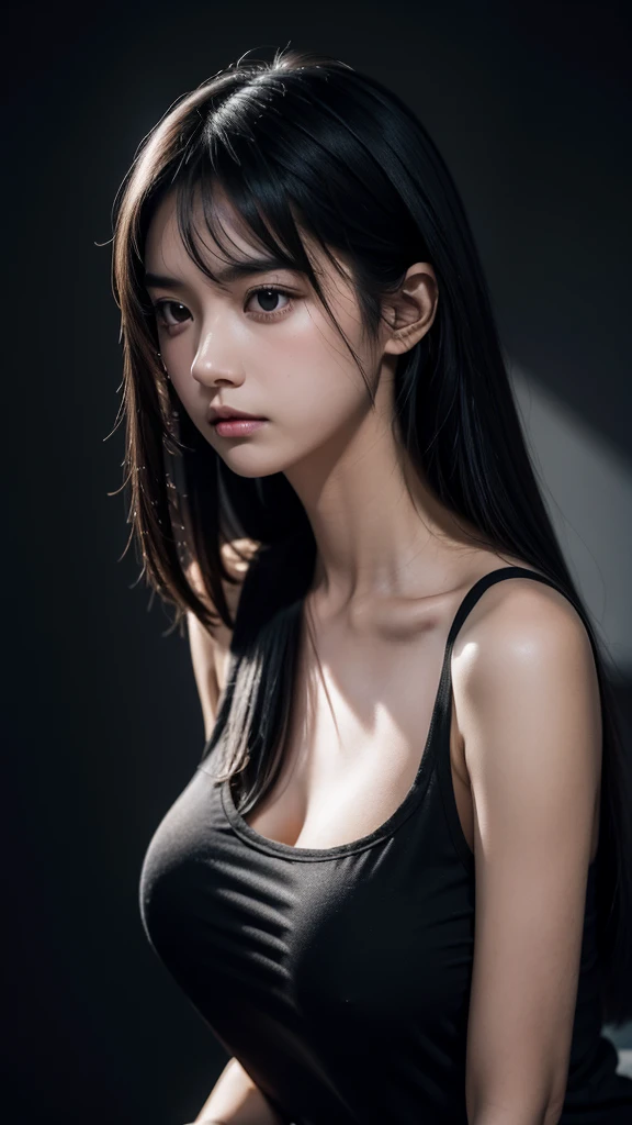 A delicate, pretty young woman with long, lustrous black hair. She is wearing a black tank top. Background is a fantastic dark room. Her expression is sad.