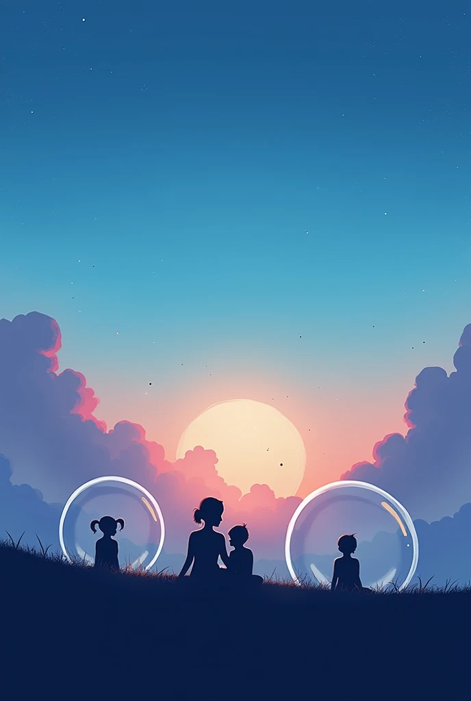 10×15 Frame with Landscape  (sem muitos detalhes, but with gradient colors pulling towards the beginning of the night, a tkm with blue, purple, nuvern&#39;s, waning moon), SIMPLE SILHOUETTES of a woman and two children sitting in a bubble (each one in a bu...