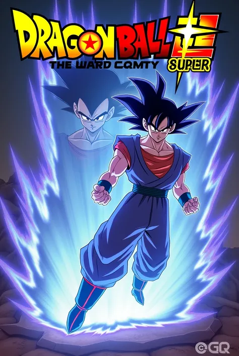 Dragon Ball Super card template with dynamic energy background. Swirling electric blue and purple effects with white light beams. Large white rectangular frame in the center with a red dashed border, oriented vertically to fit standard TCG card proportions...