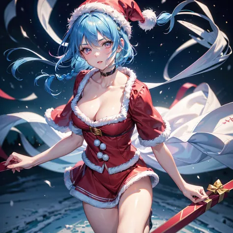 (Sky blue hair),(Braided short hair), (Pink Eyes),Fair skin) ,(whole body),(One Girl),(Gift boxes filling the background),(Santa Claus clothes),Santa Claus hat,Santa Claus in a hurry,(Christmas Party),(masterpiece, Highest quality, Very detailed, Best Shad...