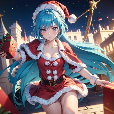 (Sky blue hair),(Braided short hair), (Pink Eyes),Fair skin) ,(whole body),(One Girl),(Gift boxes filling the background),(Santa Claus clothes),Santa Claus hat,Santa Claus in a hurry,(Christmas Party),(masterpiece, Highest quality, Very detailed, Best Shad...