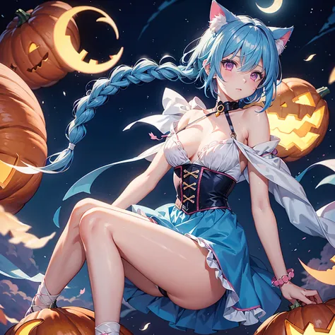 (Sky blue hair),(Braided short hair), (Pink Eyes),Fair skin) ,(whole body),(One Girl),(Crescent Moon),(Pumpkin ghosts filling the background),Cat ear,Cat&#39;s Tail,(Fall into Darkness),(Sailor Moon clothes),If you dont give me sweets, Ill play a prank on ...