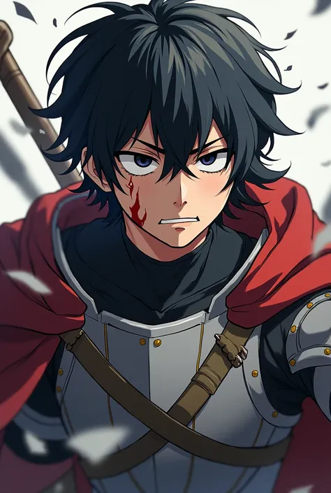 A 23 year old male with black eyes with long hair and a scar that runs across his cheek and down to his eye in an anime style with broken armor and a completely sad face., but with a look of determination.