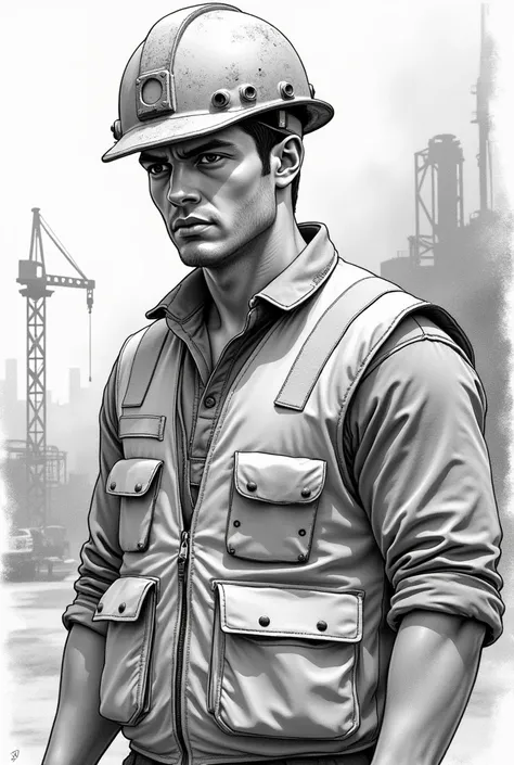 Drawing of an engineer with a vest and helmet