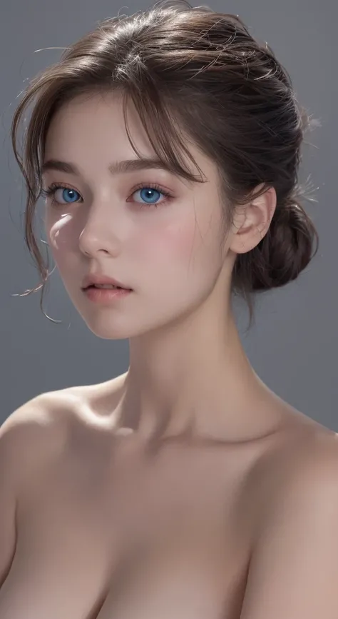 Tight black top:1.2, looking at the audience, Cinema lighting, perfect, soft light, High resolution skin:1.2, Realistic skin texture, 18 years old、a small face、No makeup，Off the shoulders，Bust G cup、blue eyes, bun, dark brown hair、Completely naked、gray bac...