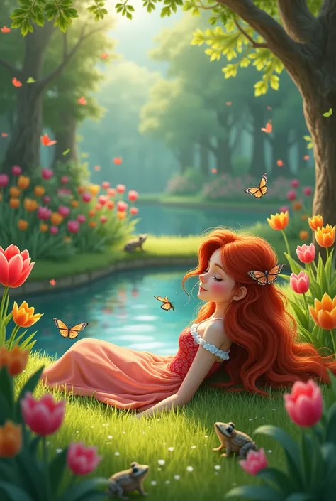 The red haired princess girl, He went to a garden that had a pond where there were toads. ,butterflies and tulips,lying on the grass of this garden when I hear a call