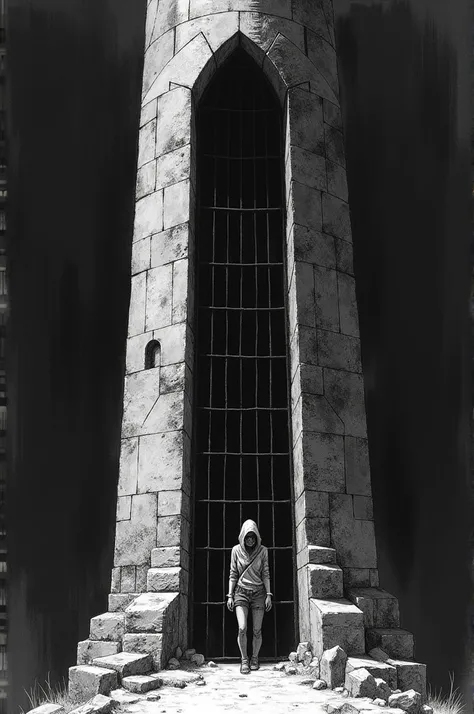 A black and white drawing of someone locked in a tower
