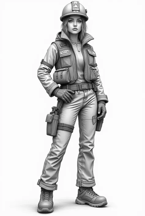 Drawing of a female engineer with a vest and helmet,whole body
