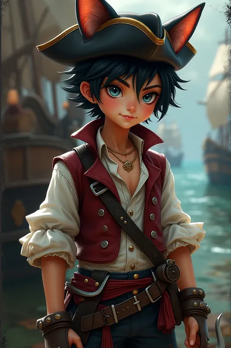 Black-haired boy with a pirate cap with feline features and an attractive smile, wine-colored leather vest and a hook in his hand