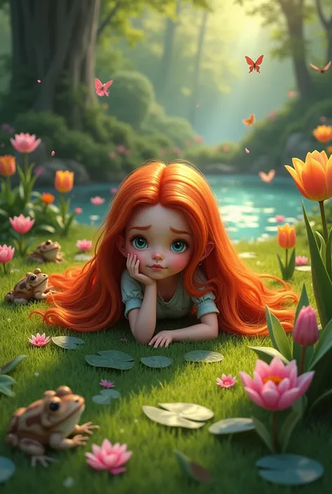 The red haired princess girl, He went to a garden that had a pond where there were toads. ,butterflies and tulips,lying on the grass in the garden ,feeling bad when i hear a call