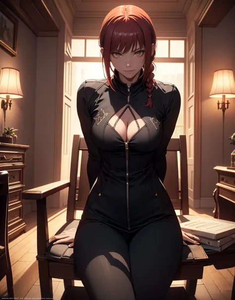 ((sexy dress)))A 28 year old woman, The character Makima from the anime series Chainsaw Man, evil, smirking, makima,  red hair,  braid, braided ponytail, orange eyes, skinny black pants, sitting in chair, legs crossed, cowboy shot, slight leaning forward, ...