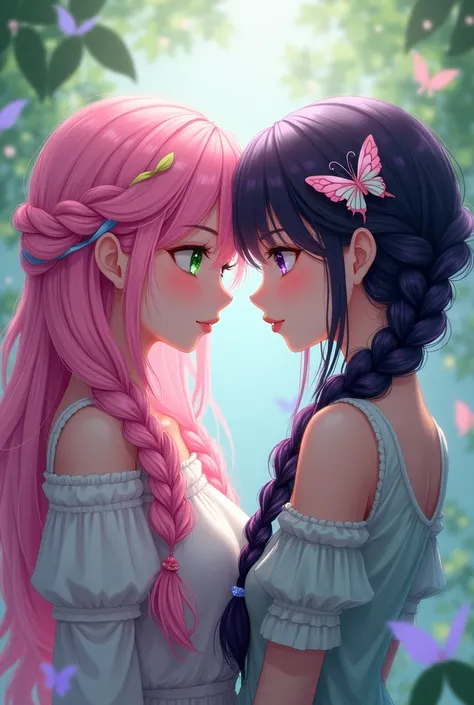 A girl with pink hair with green highlights, green eyes and tall with another girl with black hair with purple highlights and purple eyes,a little shorter than the other girl, one with three braids and another with a tail with a butterfly clip 