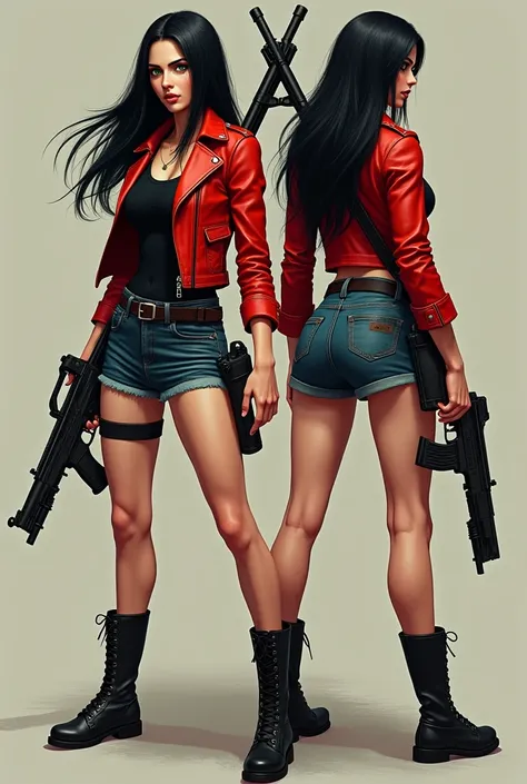 A Brazilian woman wearing a short skirt, black tight shirt and a red leather jacket, a tractor boot on the feet, while holding a gun, also a big gun on his back. Show front and back of character with long black hair. green eyes and pale skin. Also using a ...