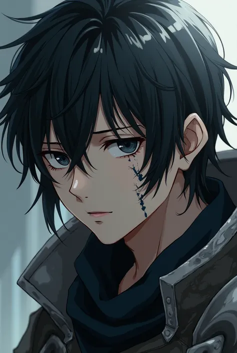 A 23 year old male with black eyes with long hair and a scar that runs across his cheek and down to his eye in an anime style with broken armor and a completely sad face., but with a look of determination.