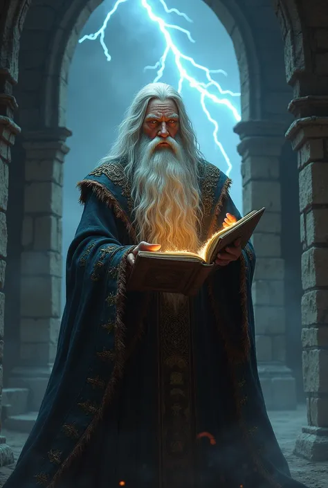 Create an old and powerful wizard with a beard and white hair, in a medieval dungeon. He has his grimoire in his hands and there are lightning bolts falling from the sky.. Your hands emanate light