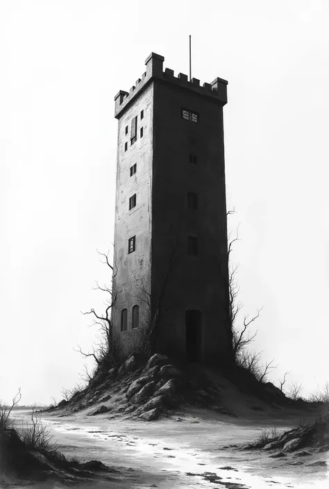 A black and white drawing of a prison tower