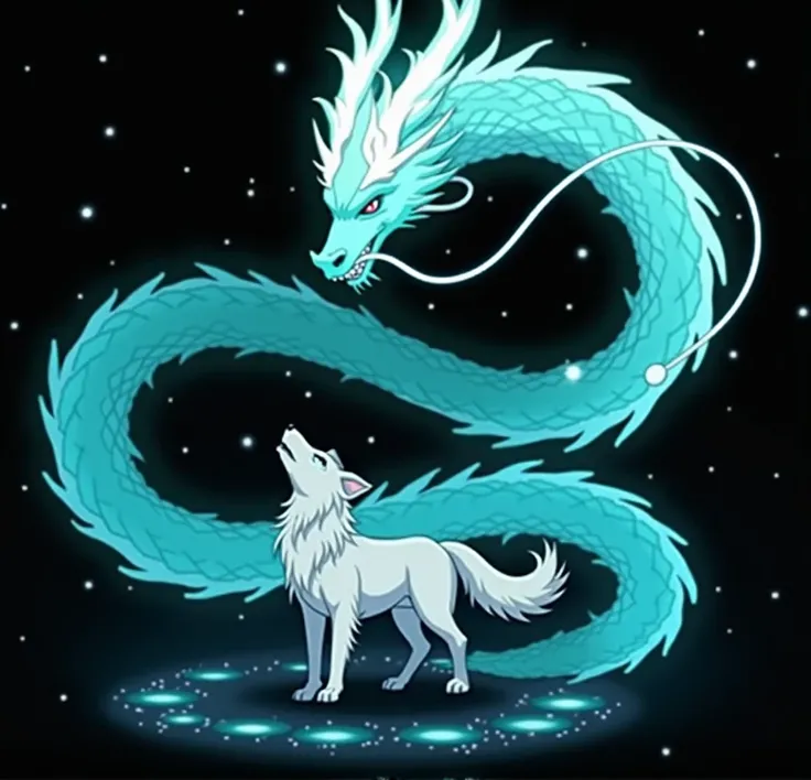 Refers to characters, spirit world, Chinese fire dragon spirit and wolf pup spirit, anime style