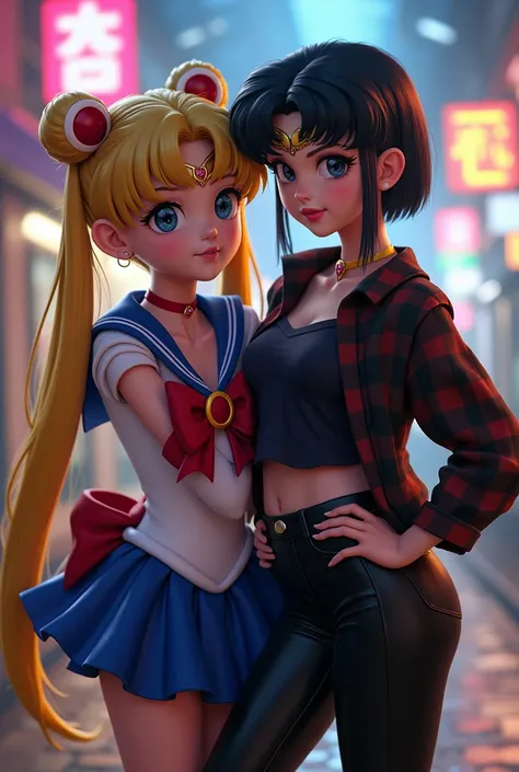 A girl with short black mullet hair,black flannel and black pants posing next to Sailor Moon exactly like the one in the series 