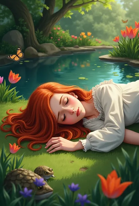 The red haired princess girl, He went to a garden that had a pond where there were toads. ,butterflies and tulips,lying on the grass in the garden , feeling a tear come out when I close my eyes when I hear a call