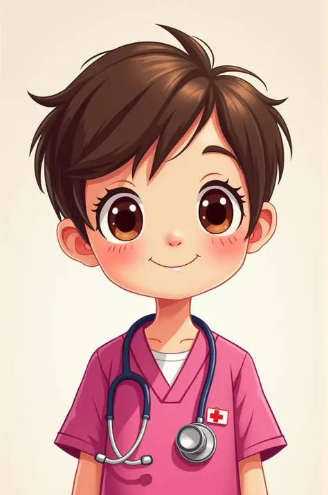 Cute cartoon doctor with short brown hair, big brown eyes with fuchsia uniform 