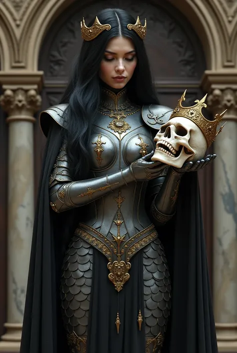 The image shows a woman with long black hair, dressed in intricate metallic-toned armor, that covers your torso and arms. The armor has an ornate design, with elegant details and shapes that resemble scales or claws. She holds a skull in her left hand, whi...