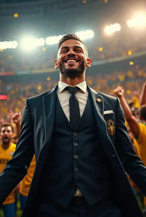 Create an image of Neymar winning the sixth title (Neymar&#39;s clothes: a suit) ((realistic and high quality))