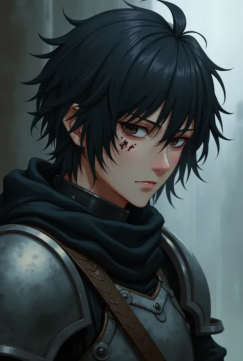 A 23 year old male with black eyes with long hair and a scar that runs across his cheek and down to his eye in an anime style with broken armor and a completely sad face., but with a look of determination.