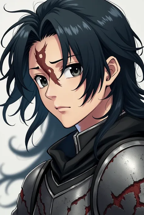 A 23 year old male with black eyes with long hair and a scar that runs across his cheek and down to his eye in an anime style with broken armor and a completely sad face., but with a look of determination.