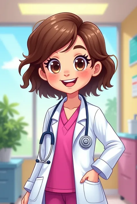 Cute cartoon doctor with short brown hair, big brown eyes with fuchsia uniform 