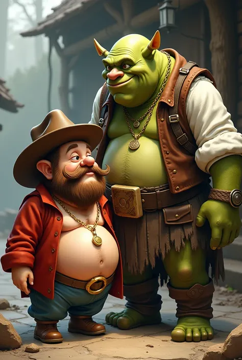 A very small, fat, bald dwarf with a cowboy hat, a red blouse open showing his belly, a small brown mustache and a gold chain. He was with his friend Sherek, a green ogre with a long white blouse and an old, worn brown leather vest, having an idea.