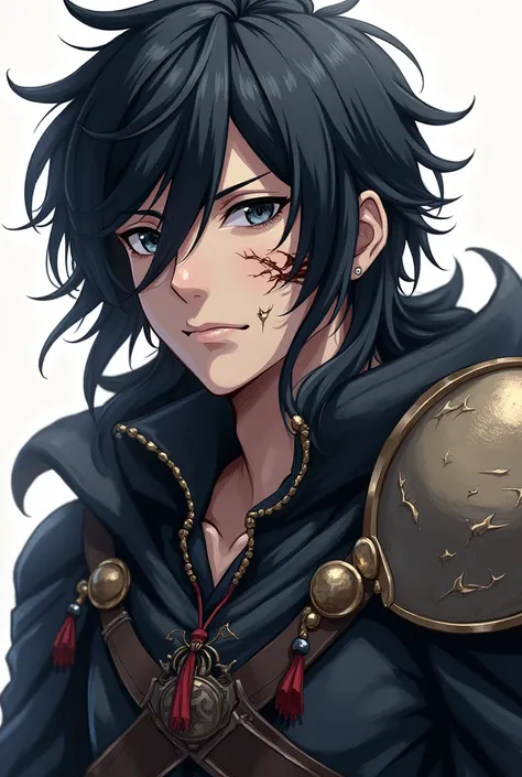 A 23 year old male with black eyes with long hair and a scar that runs across his cheek and down to his eye in an anime style with broken armor and a completely sad face., but with a look of determination.