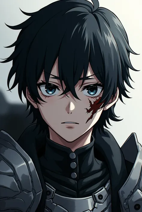 A 23 year old male with black eyes with long hair and a scar that runs across his cheek and down to his eye in an anime style with broken armor and a completely sad face., but with a look of determination.