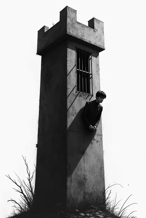 A black and white drawing of a prison tower shows a young man leaning out of the tower