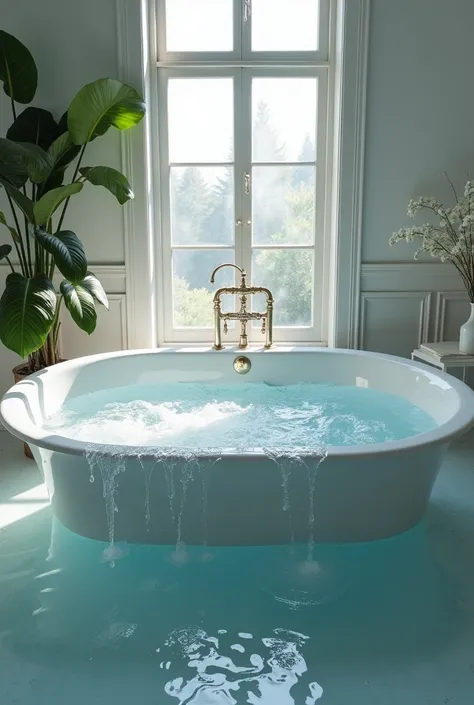 a bath overflowing with water but really overflowing a lot I want us to see the water coming out of the bath with a view of the bath as a whole
