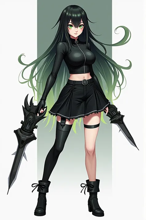 (concept character art)), ((character design sheet, Same character, 正面, boku, rug) Girl 1 long black hair with bangs, greeneyes, pale skin, Black Skirt, tight black shirt with big breasts, holding gun (mix weapon design) a boot on his feet black too.