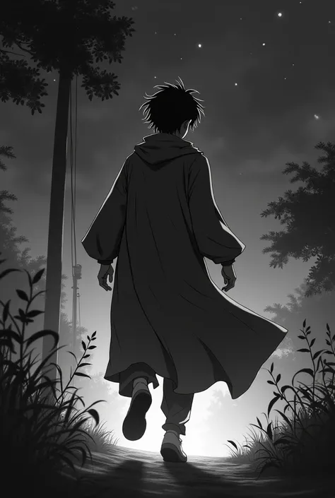 create a 2d anime style black and white image of a male character in a night setting. the wind must be visibly whispering around him, with the leaves or the character&#39;s hair moving smoothly. the character is taking a step forward, suggesting a decisive...