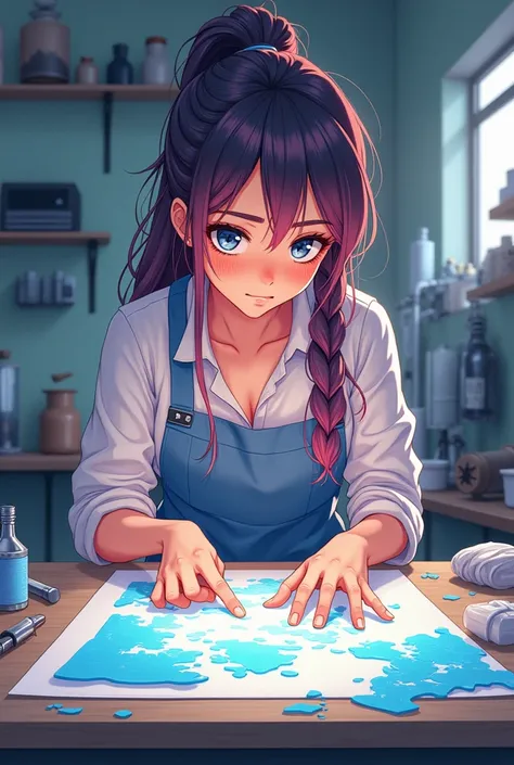 An anime drawing of a woman working in Sublimation 