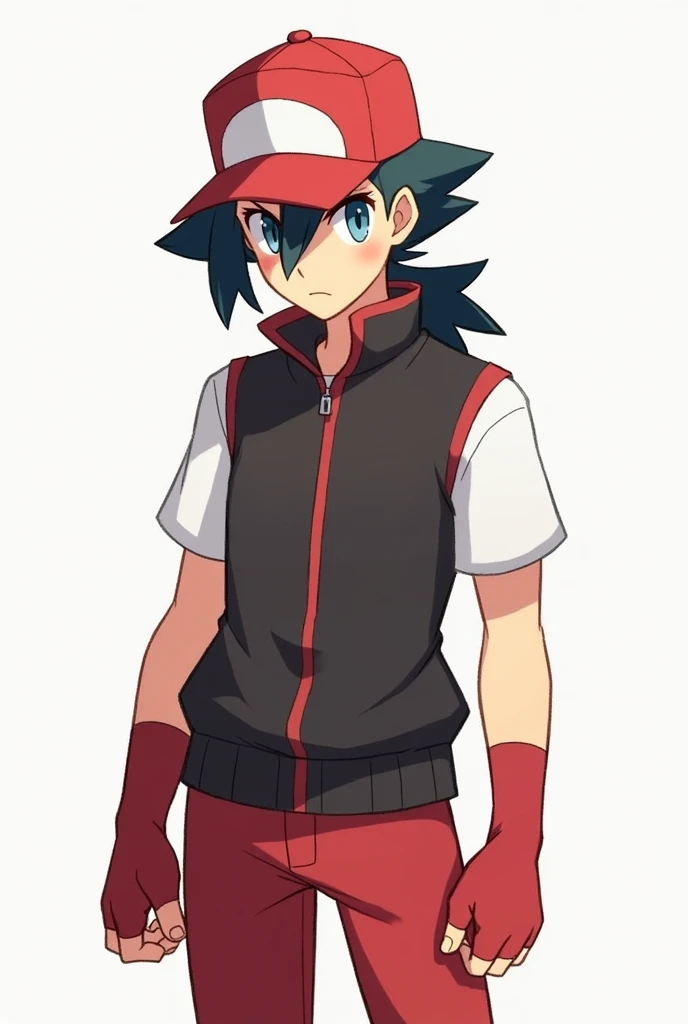 Make a pokemon trainer with a red cap that has a complete white part in front and that wears a vest with a white short-sleeved black shirt on top with red fingerless gloves and red pants and has a shadow between his eyes and has a serious face
