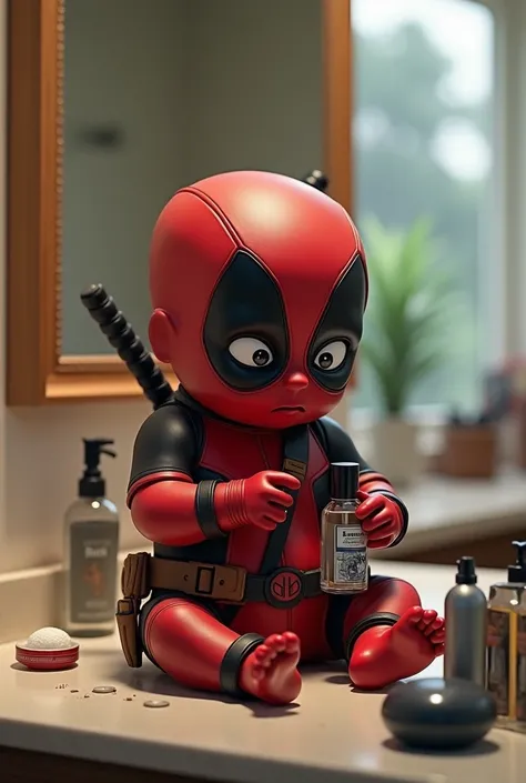 Deadpool baby applying cologne