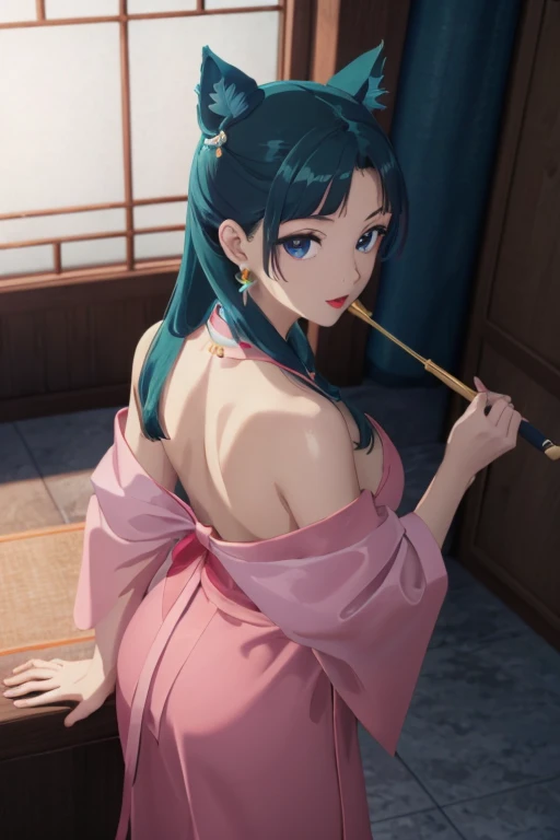 (((Highest quality､Ultra-high resolution､masterpiece: 1.2))), Highly detailed anime art style,Teen Style, (Off the shoulder,Earrings, sexly、The lavish interior of the Tang Dynasty harem), Detailed green hair, Detailed blue eyes, Symmetrical Eyes、Big compli...