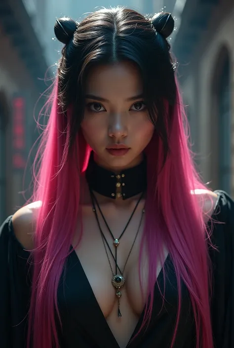 A YOUNG ASIAN SUPER POWERFUL VILLAIN SEXY WITH LONG HAIR - HALF PINK AND HALF BLACK.