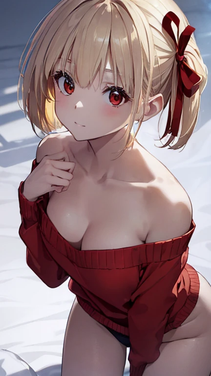 Chisatoniki, Chisato, short hair, bangs, Blonde, (Red eyes:1.5), Hair Ribbon, One side up, Bobcut,
Exposing shoulders, Twin tails, clavicle、Off-the-shoulder sweater、Upper chest、 Stomach、panties、Red ribbon, ショートTwin tails, Grin，Highest quality, High resolut...