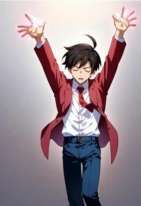 score_9, score_8_up, score_7_up, 1boy, solo, male focus, sakutomo, black hair, short hair, ahoge, maroon blazer, unbuttoned blaz...