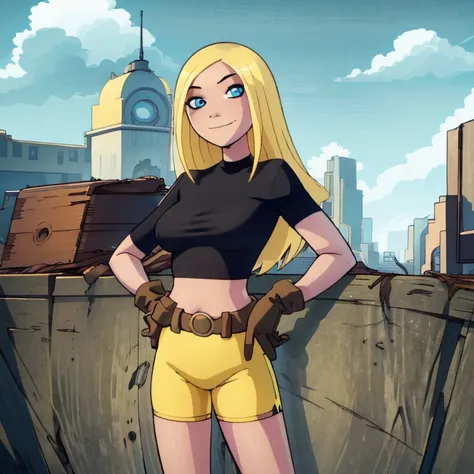 ((masterpiece,best quality)), absurdres, Terra, 1 fat girl, , big fat body, solo, long hair, blonde hair, blue eyes, black shirt, gloves, yellow shorts, midriff, belt, smile, looking at viewer, cowboy shot, Outfit fitted to her big, fat body size,