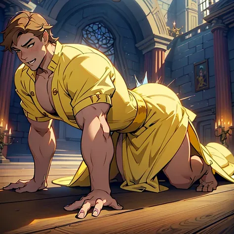 ((a male gay version of disney princess belle wearing short mini erotic yellow dress)), nsfw, hentai, ((yaoi:0.2)), ((the male g...