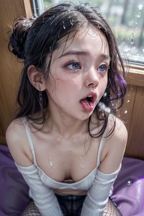 smallest breasts,(13 years old japanese bitch gal crawling on all fours:1.2)on the bed(wearing denim shorts:1.2,wearing long sleeve knit,offshoulder knit),slender.(the area around her eyes is so purple:1.4)
(wearing long black fishnet pantyhose:1.3)
blonde...