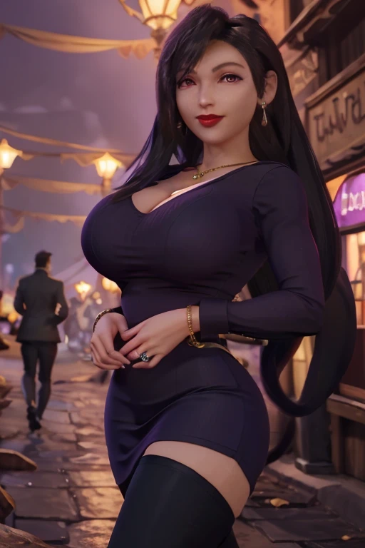 tifa lockhart, implated big breast, thin long sleeve purple dress that show body curve with a cleavage,game,1girl,jewel ring,gol...