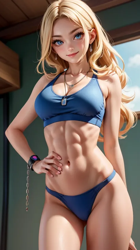 25-year-old Caucasian woman、ash blonde、blue eyes、semi-long、setting hair、My hair is wavy、My abs are cracked、Slender but thin macho、The navel is visible、accessories on the wrist、wearing a chain necklace、beautiful breasts、smile、I am wearing a sports bra from ...